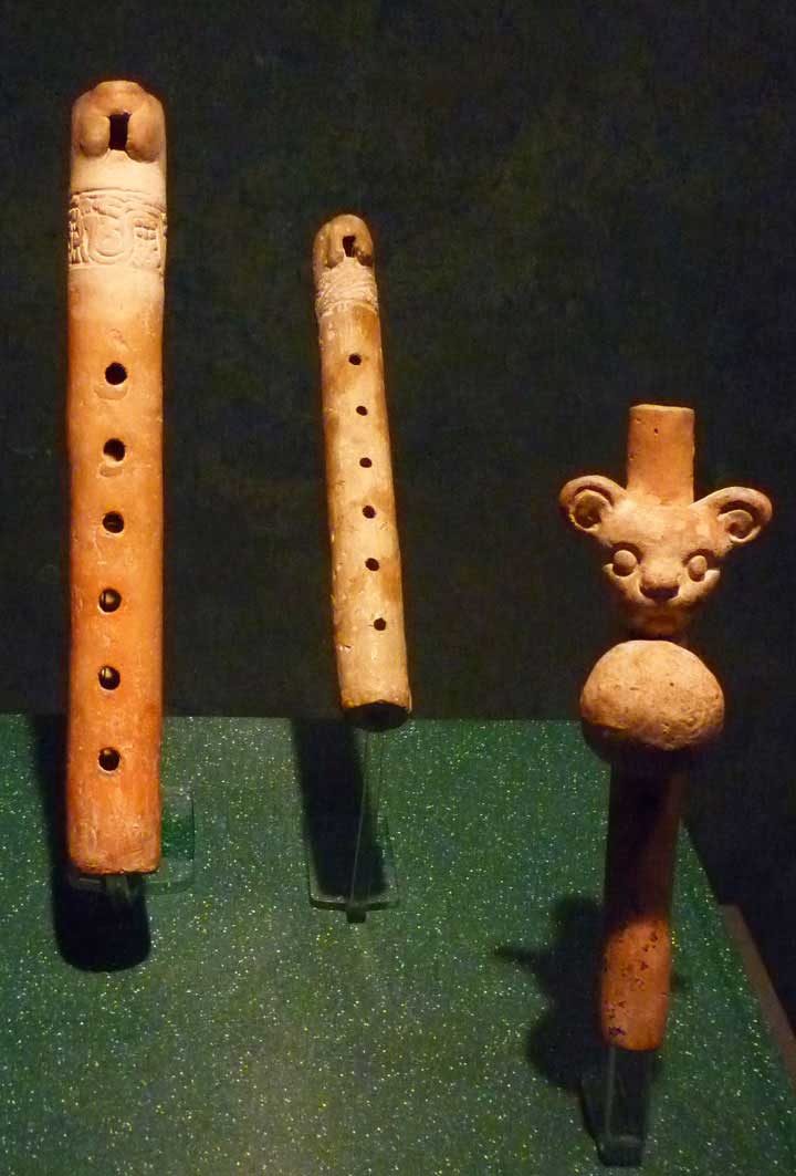 Three Maya flutes exhibited at the Museo Nacional de Antropología e Historia, México.