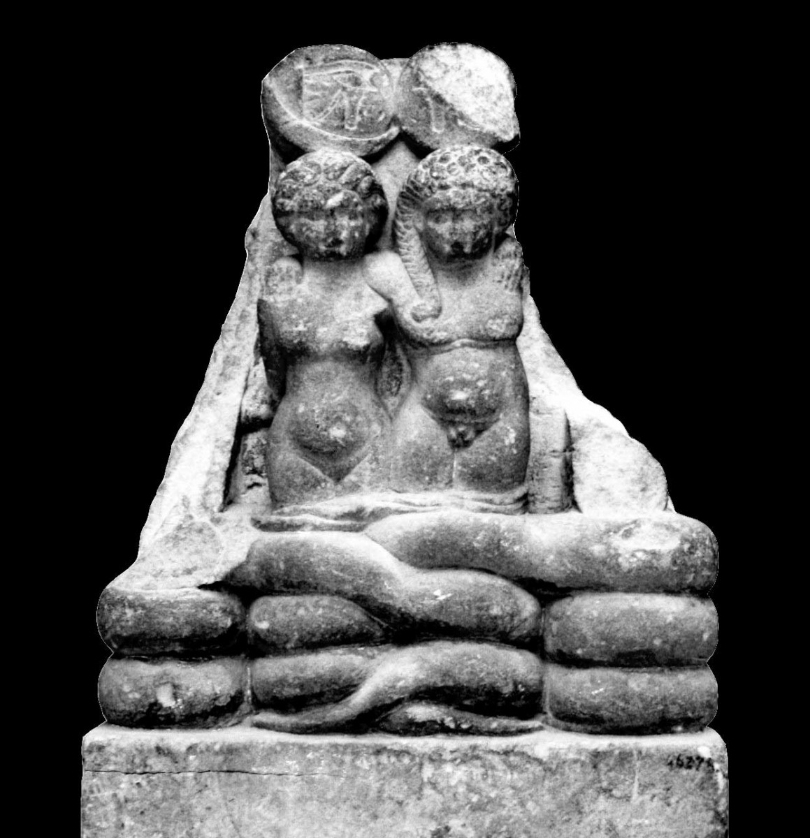 Cleopatra's twin children, Alexander Helios and Cleopatra Selene have been possibly identified in this sandstone sculpture. 