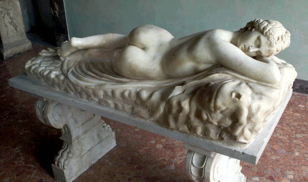 A sculpture of Sleeping Hermaphroditus, Roman art from the first-second century A.D., in the Uffizi Gallery in Florence. 