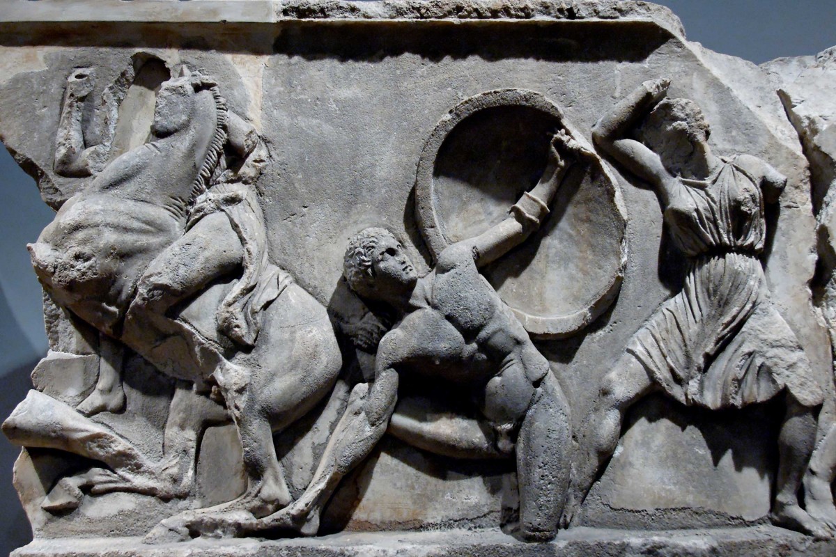 Amazonomachy. Block from the frieze running around the top of the podium of the Mausoleum at Halicarnassos. British Museum, London.