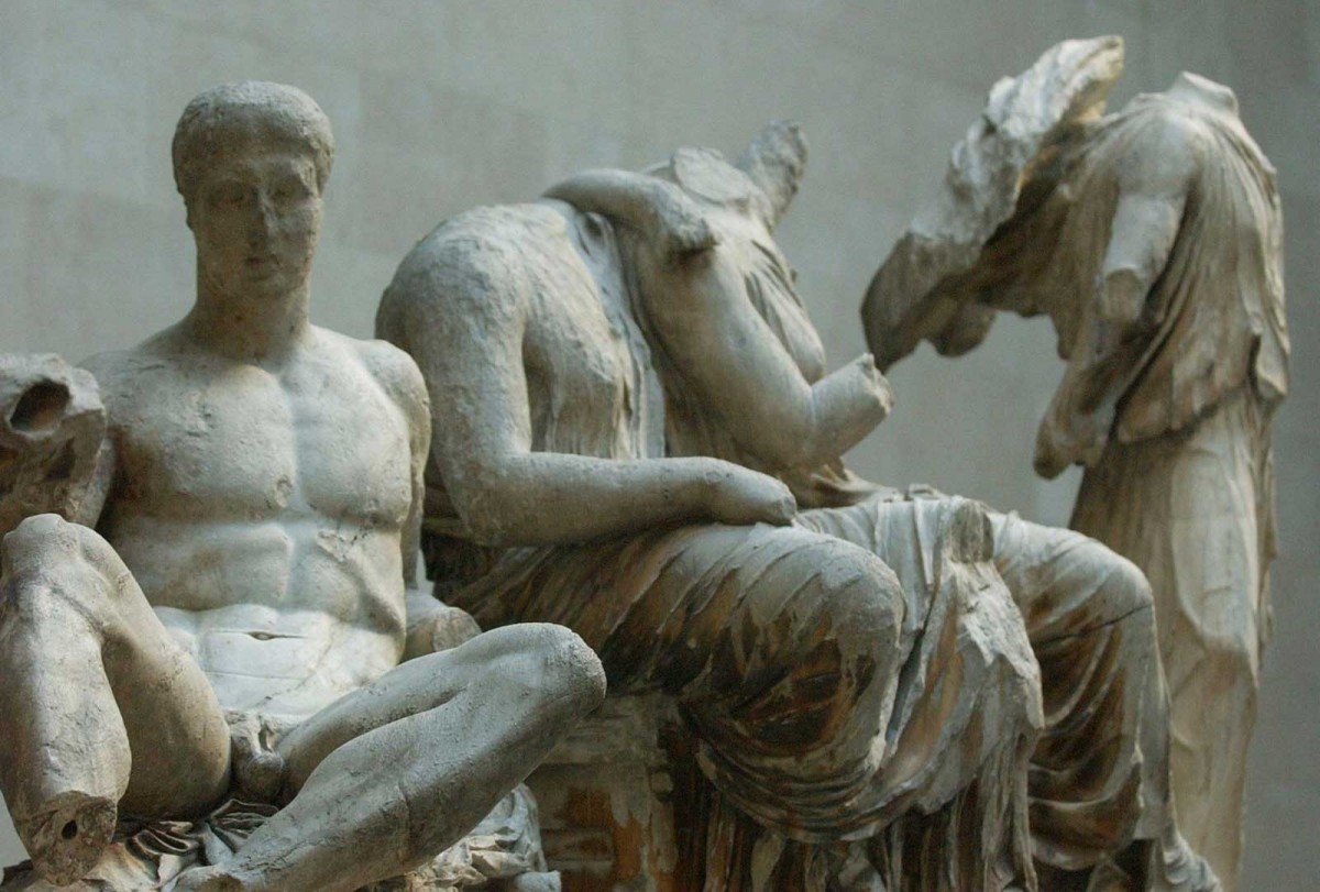 Statuary from the east pediment of the Parthenon. Part of the collection of Parthenon Marbles on display at the British Museum in London.