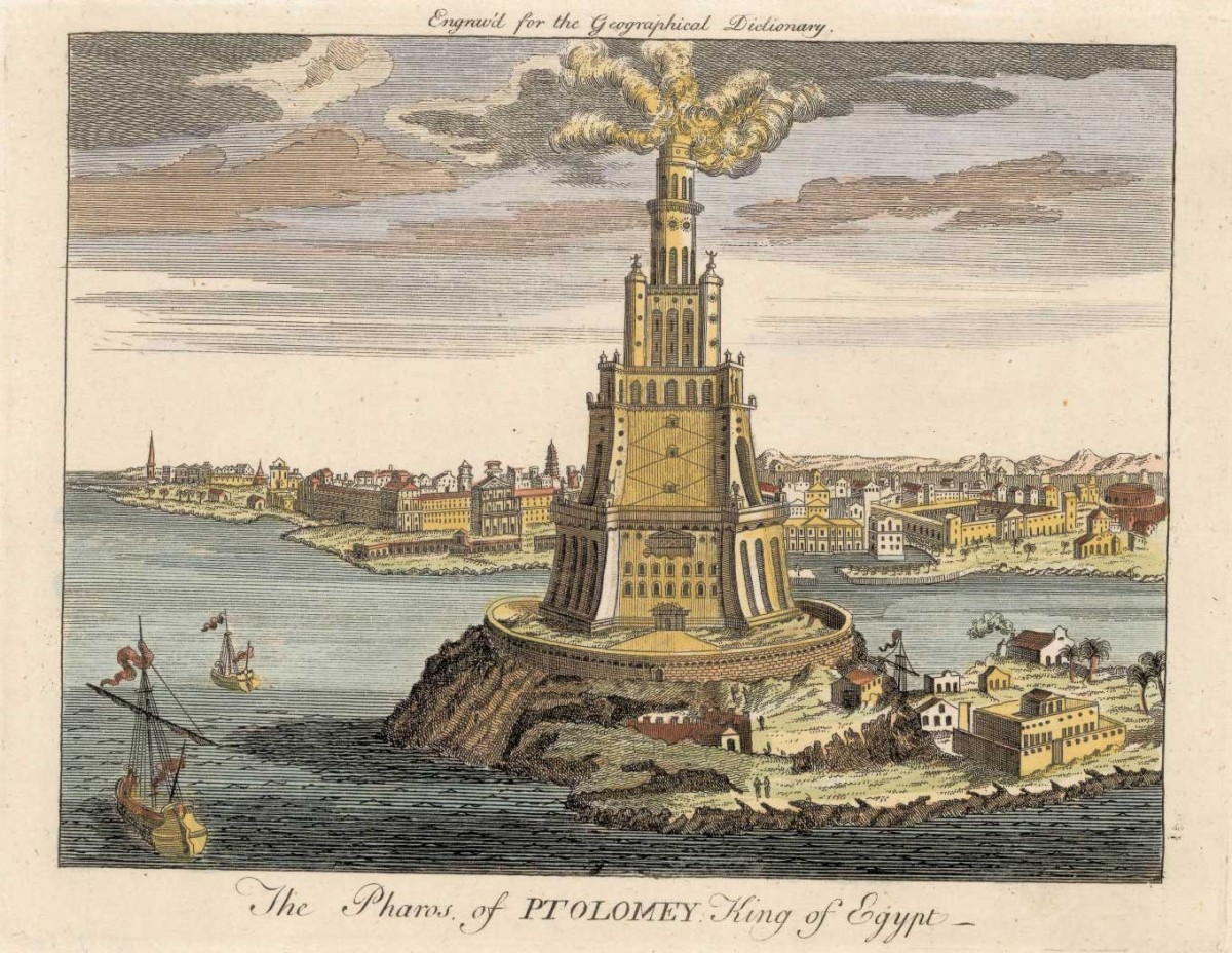The Lighthouse of Alexandria. A fire made the lighthouse glow at night and a mirror reflected sun rays during the day, some say up to 35 miles away.