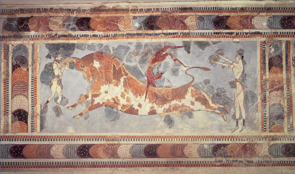 Bull-leaping fresco from palace of Knossos. Archaeological Museum of Herakleion (Crete).