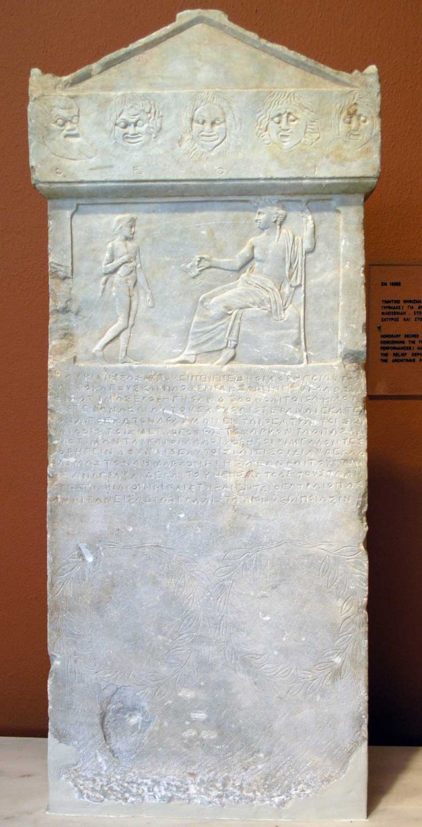 Honorific decree with the inscription: “The deme Aixone honours the choregoi Auteas and Philoxenides”. White, medium-grained marble, 313–2 BC. Epigraphical Museum, Athens.