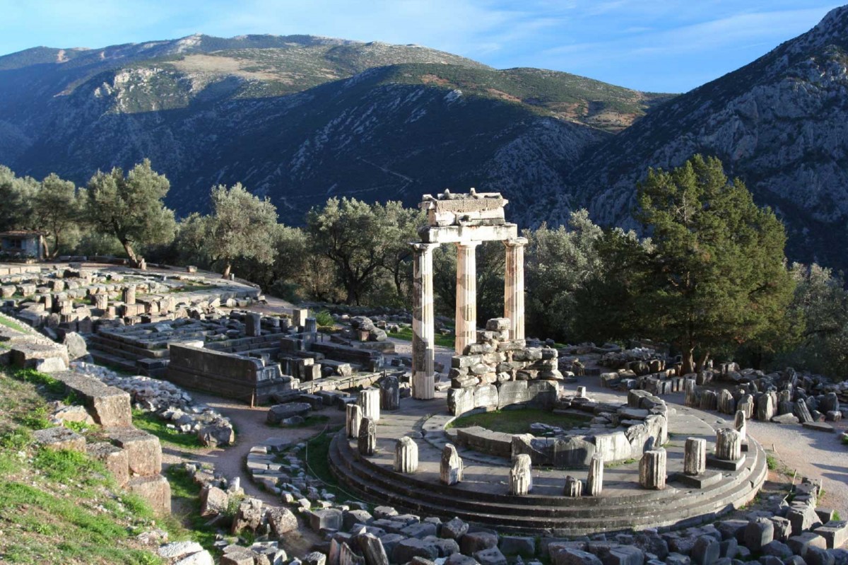 The tholos at the Sanctuary of Athena Pronaia.