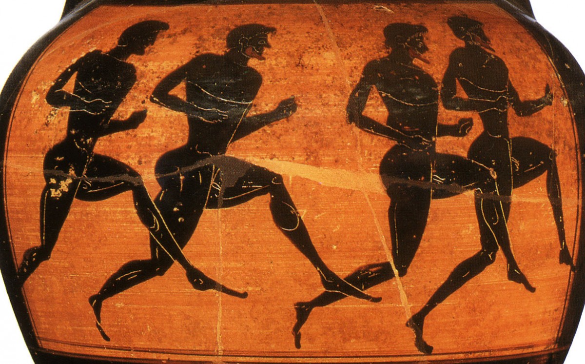 Runners depicted on a Panathenian Amphora from the Vatican Group G 23.500 BC. The Hermitage, St. Petersburg. 