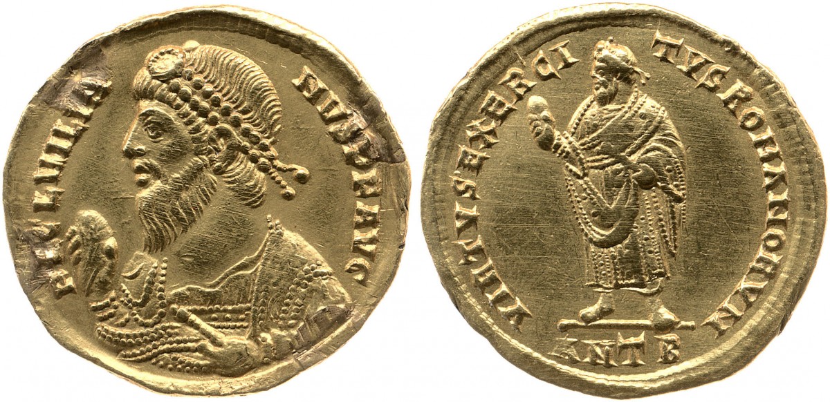 Julian the Apostate represented on a coin  (two sides). Photo by Portable Antiquities Scheme