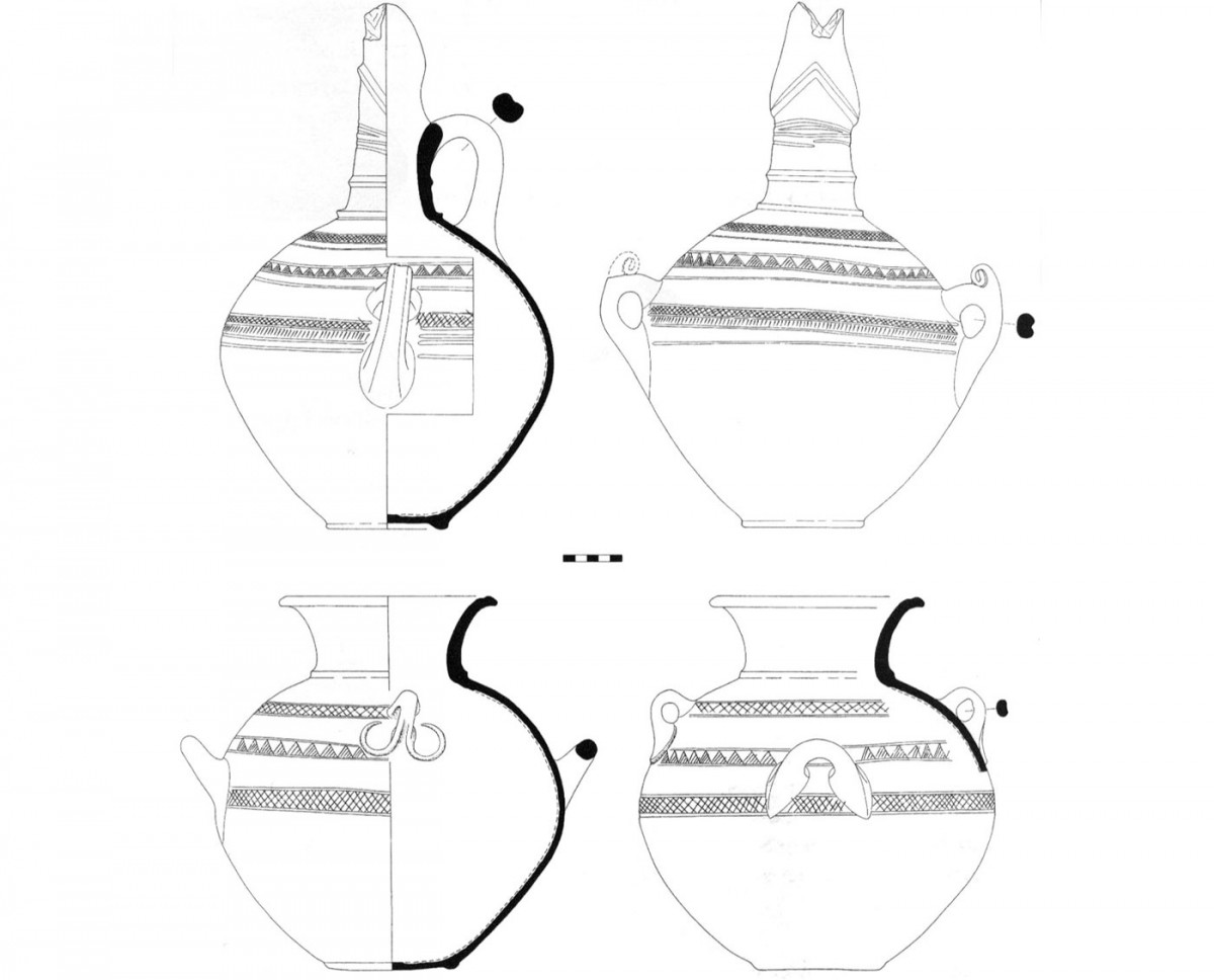 Fig. 32. Drawing of Middle Bronze Age pots with added red slip (erythrepichrista) decorated with incisions (Trench 3).