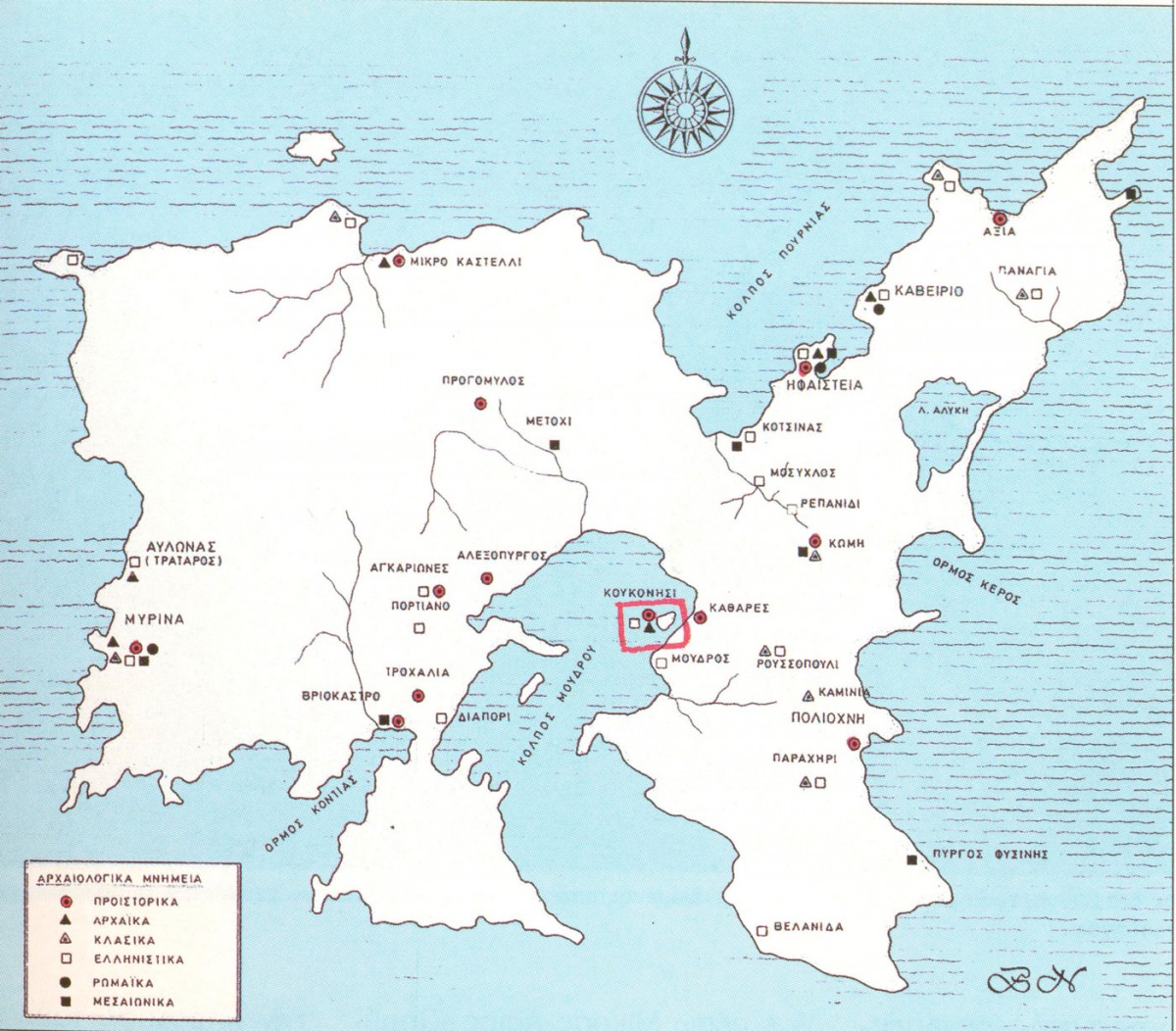 Fig. 8. Map of Lemnos, were the archaeological sites are indicated. Koukonisi is indicated in a red frame.