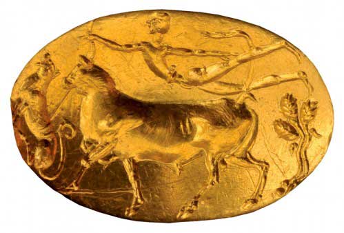 Gold Mycenaean seal ring. 2nd half of the 15th century BC. National Archaeological Museum, Athens.