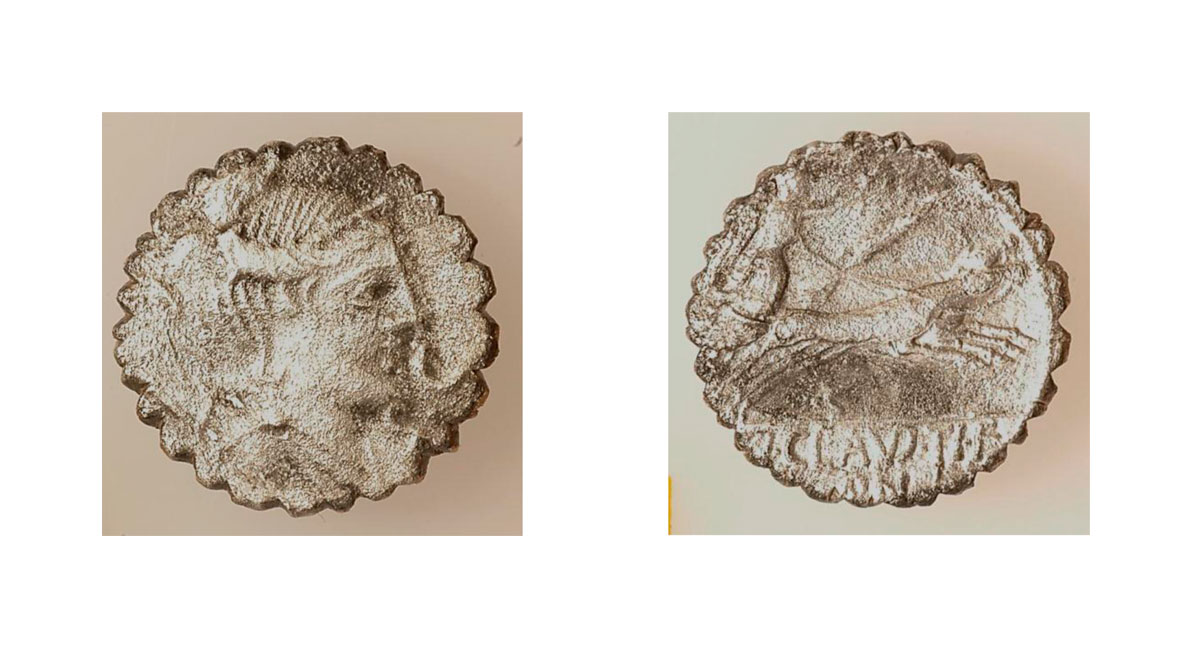 Fig. 11. Silver roman coin dated to 79 BC, a dedication to the sanctuary of Apollo and Artemis. It was struck in the years of Tiberius Claudius Nero and bears the head of the deity (Diana) on the obverse.