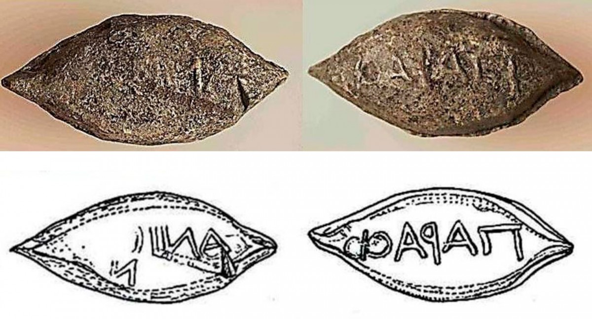 Fig. 40. One of the two sling bullets found inside the fort with the inscription ΠαραΦ / ανίων (from the Phalasarnians) without traces of use. This was found in a layer that is dated to the first half of the 3rd century BC. 