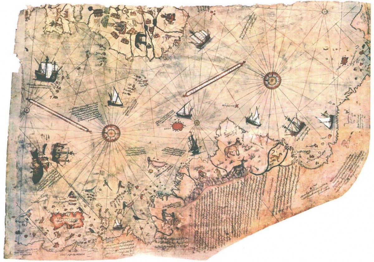 World map made by Piri Reis (1513). Gazelle skin, 900×600 inch.