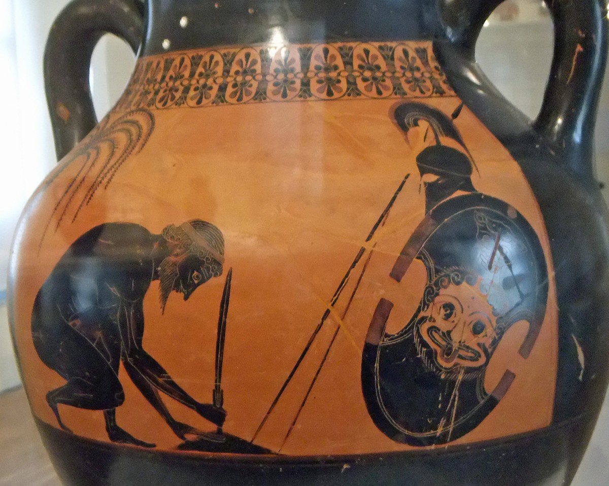Ajax prepares to commit suicide. Black figured decoration on amphora. Painted by Exekias, c. 530/527 BC. Château-musée de Boulogne-sur-Mer. Photo: Wikimedia Commons.