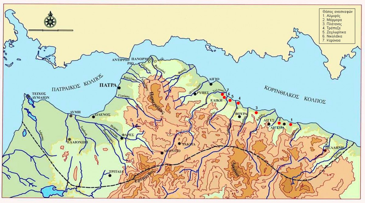 Map of ancient Achaea with the excavated sites.