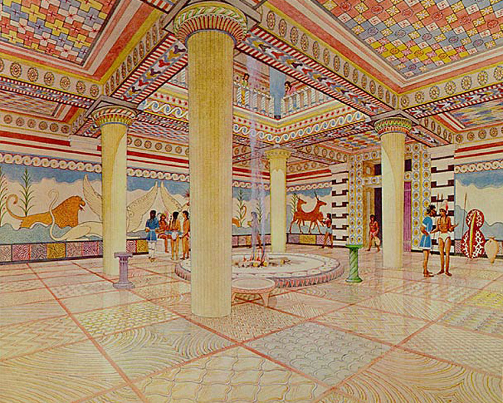 Watercolour reconstruction of the Pylos Throne Room by Piet de Jong (detail). Photo credit: Department of Classics, University of Cincinnati