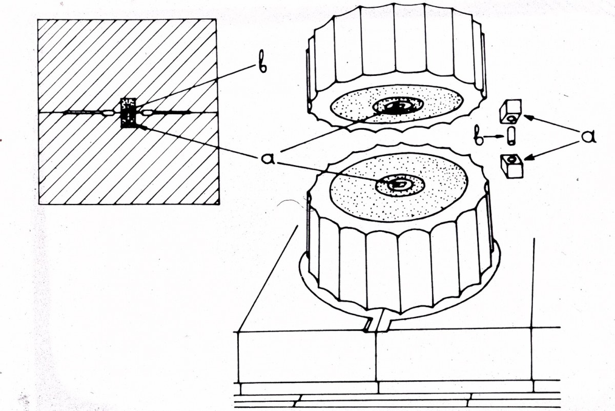 Fig. 3. Copy of poloi (b) and empolia (a) between two drums of a column.