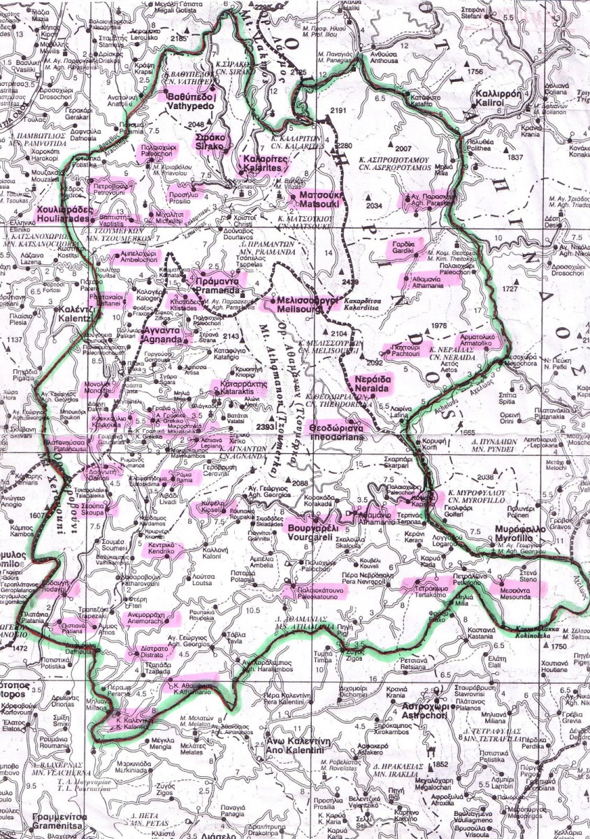 Fig. 2. A political map showing the boundaries set in the modern region of Tzoumerka and the 47 local communities that comprise it (Archive of the Historical and  Folklore Society of Tzoumerka).