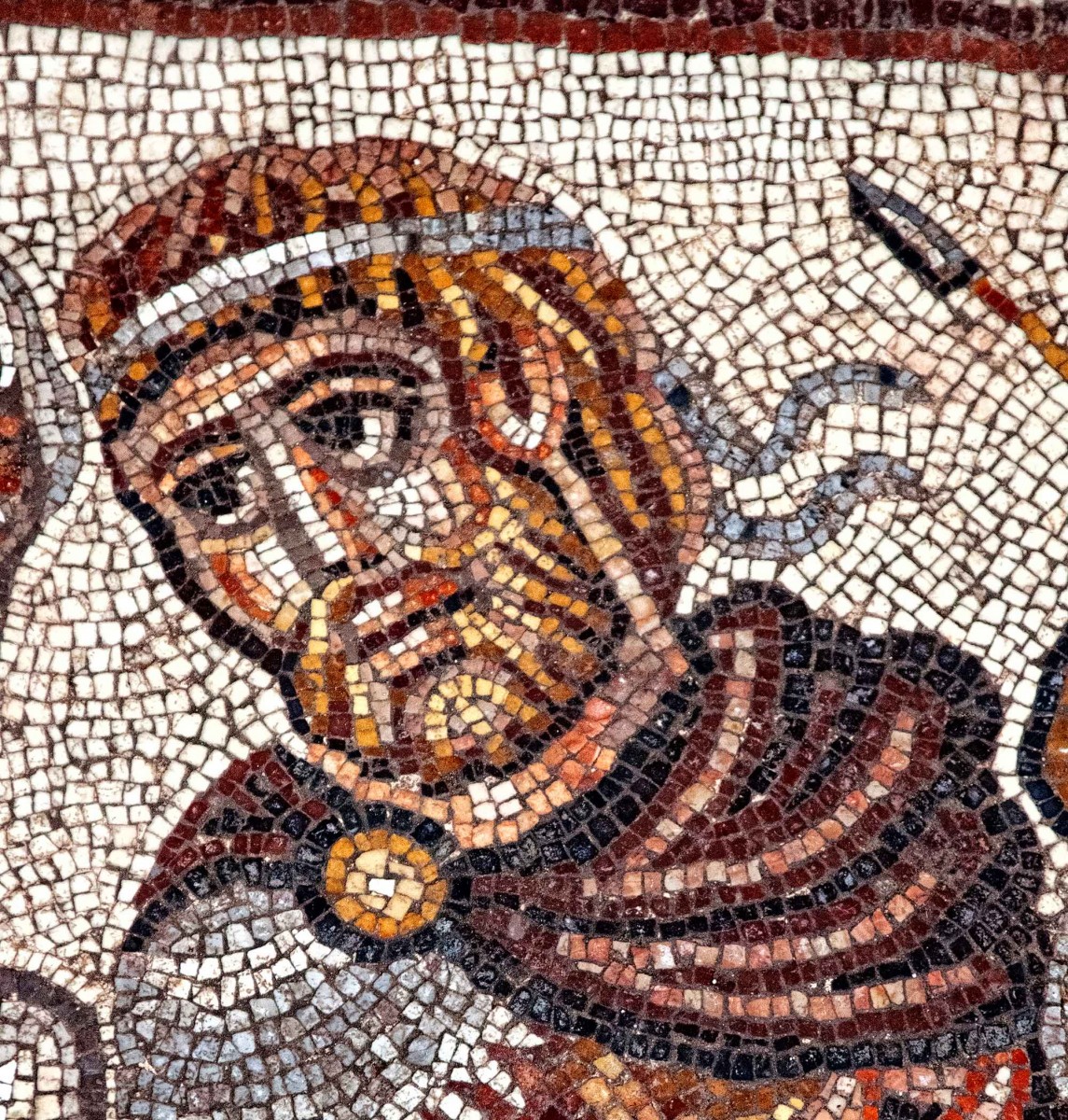 Detail of mosaic at Huqoq, Israel: The head of the possible Alexander figure in the mosaic. (photo by Jim Haberman) 