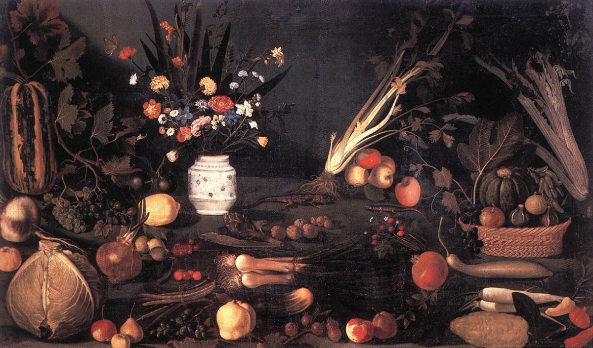 Still life with flowers and fruit by Caravaggio, 1601.