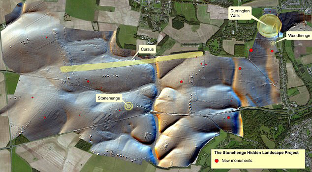 Stonehenge: Digital map, covered with red dots, highlights the location of new sites that have been discovered.
