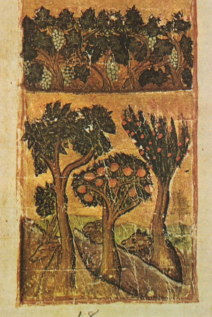 Fig. 14. “Fruit trees, vines and wild animals” (miniature), “Οι Θησαυροί του Αγίου Όρους”, vol. II, p. 225, fig. 347.