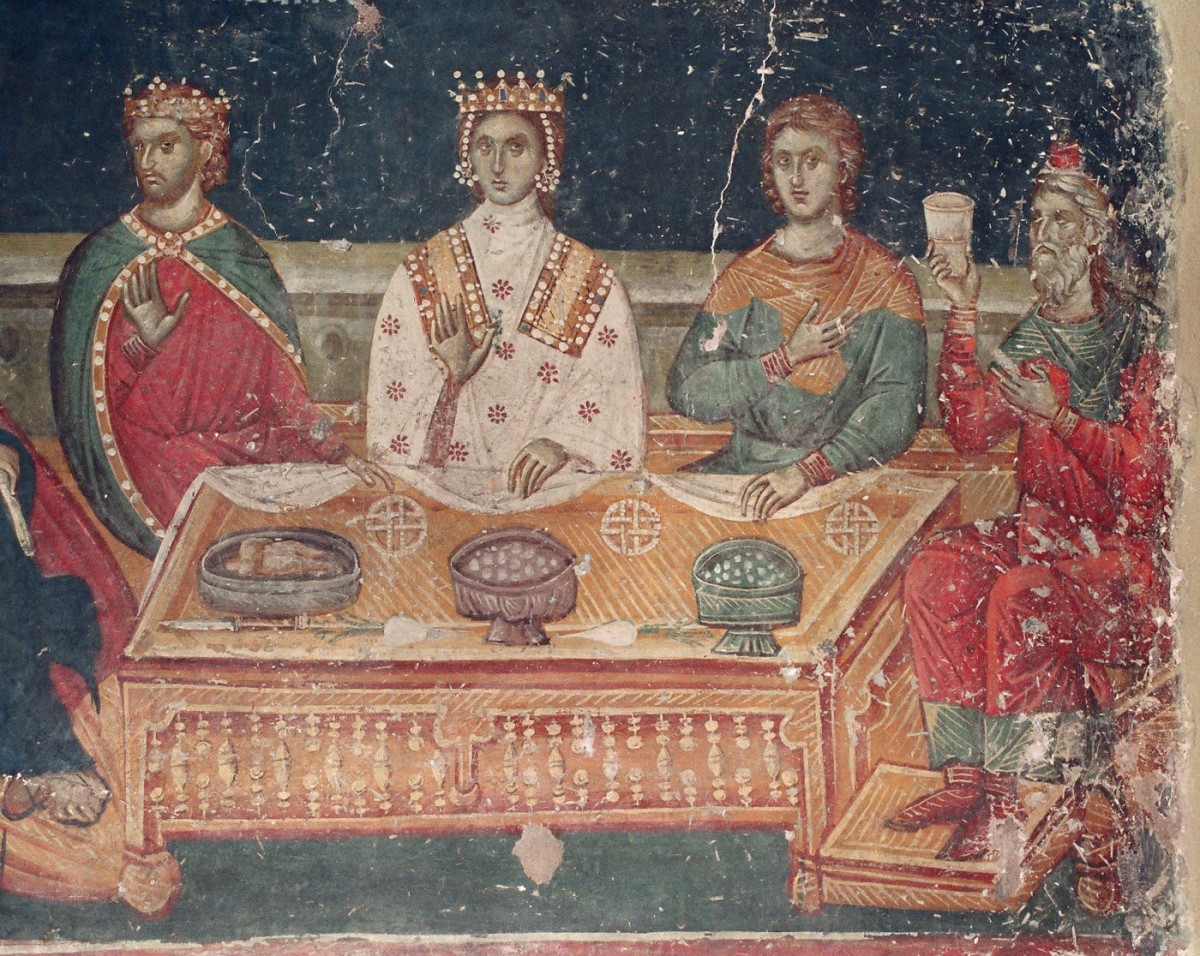 Fig. 30. “The wedding in Cana” (14th c. wall painting from St Nikolaos the Orphan, Thessaloniki) Κουρκουτίδου-Νικολαΐδου/Τούρτα (1997), pp. 76-77.