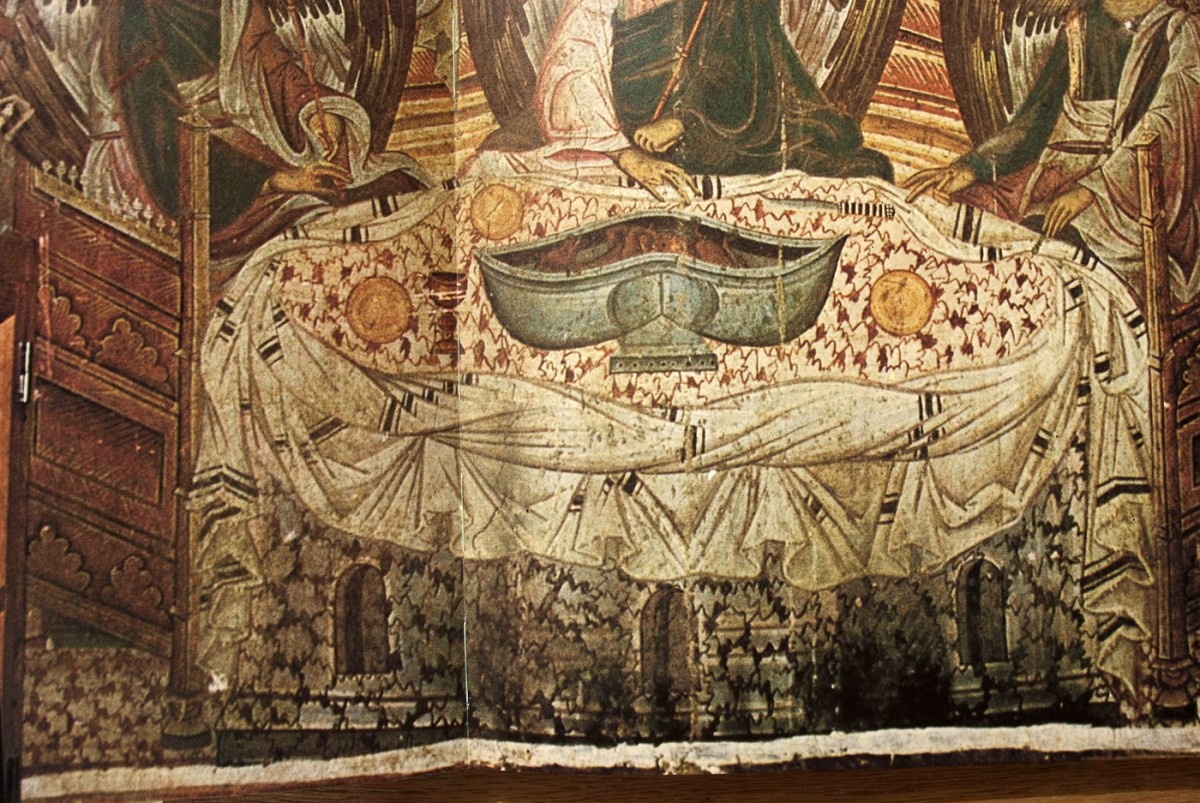 Fig. 5. “The hospitality of Abraham”: detail of the wall painting which shows an elliptic table covered by a tablecloth with rich drapery (wall painting from the Monastery of Chilandari), Bogdanovic/Djuric/Medacovic (1978), pp. 100-101.