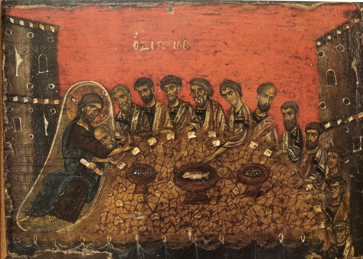 Fig. 6. “The Supper”: Christ on a couch with John, his beloved disciple, next to him. Judas in the centre of the group of disciples, reaches out for the bowl of fish (12th century icon from the Vatopedi Monastery), Τσιγαρίδας/Λοβέρδου-Τσιγαρίδα (2006), p. 71.