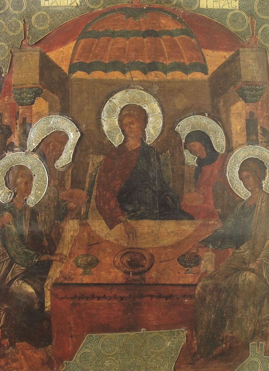 Fig. 7. “The hospitality of Abraham”: (late 14th century icon from the Holy Great Monastery of Vatopedi ), “Ιερά Μεγίστη Μονή Βατοπαιδίου” (1996), vol. II, p. 495.