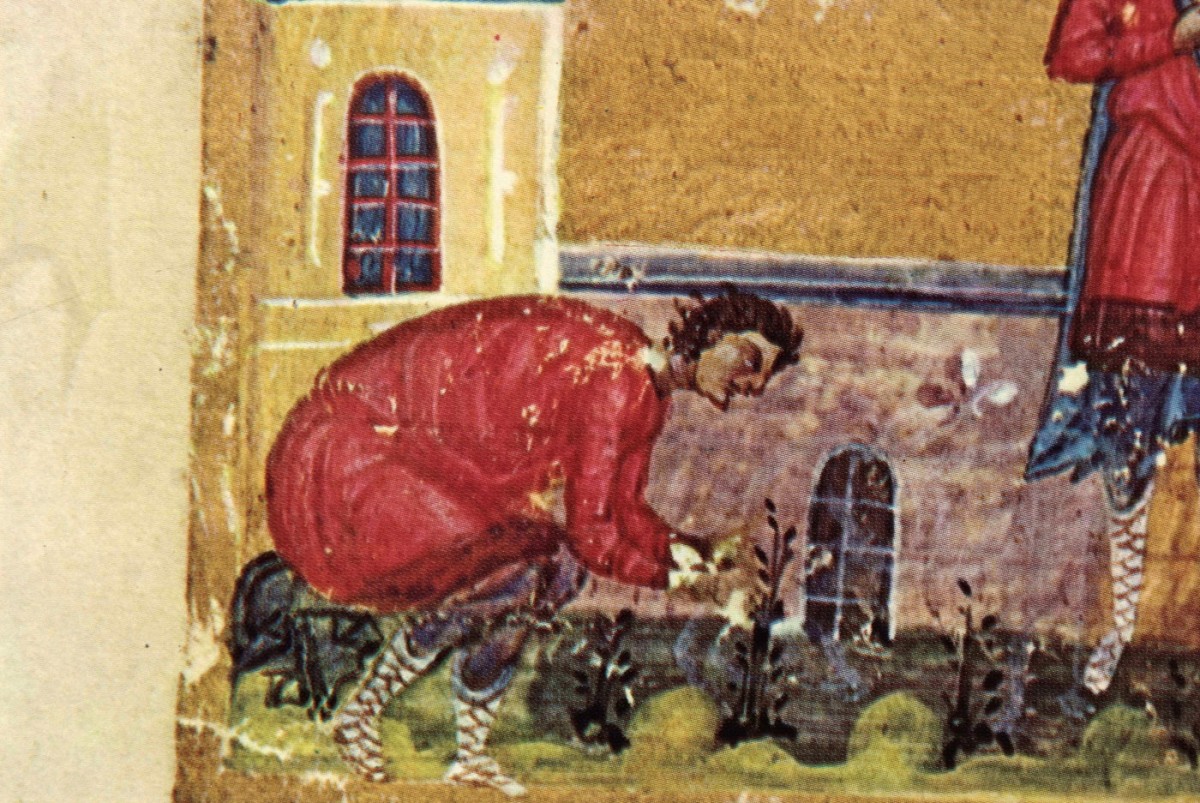 Fig. 8. “Saint Mamas bent over tending to some plant” (miniature), “Οι Θησαυροί του Αγίου Όρους”, vol. I, p. 105, fig. 107.