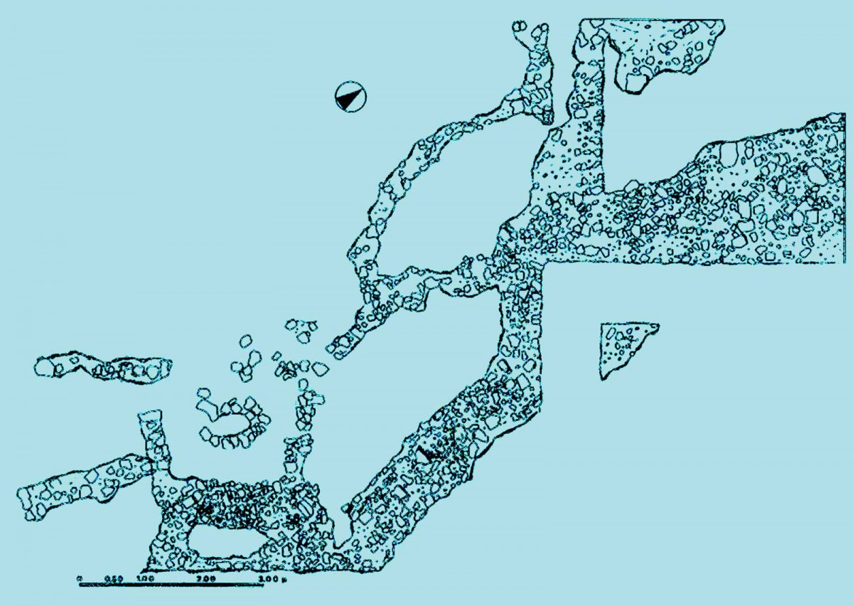 Fig. 2. Ground plan of settlement at Liatovouni in Konitsa, dating to Late Bronze Age and Early Iron Age. One can see the curved or linear walls of the houses and the retaining or fortification wall of the settlement. (Source: A. Douzougli)