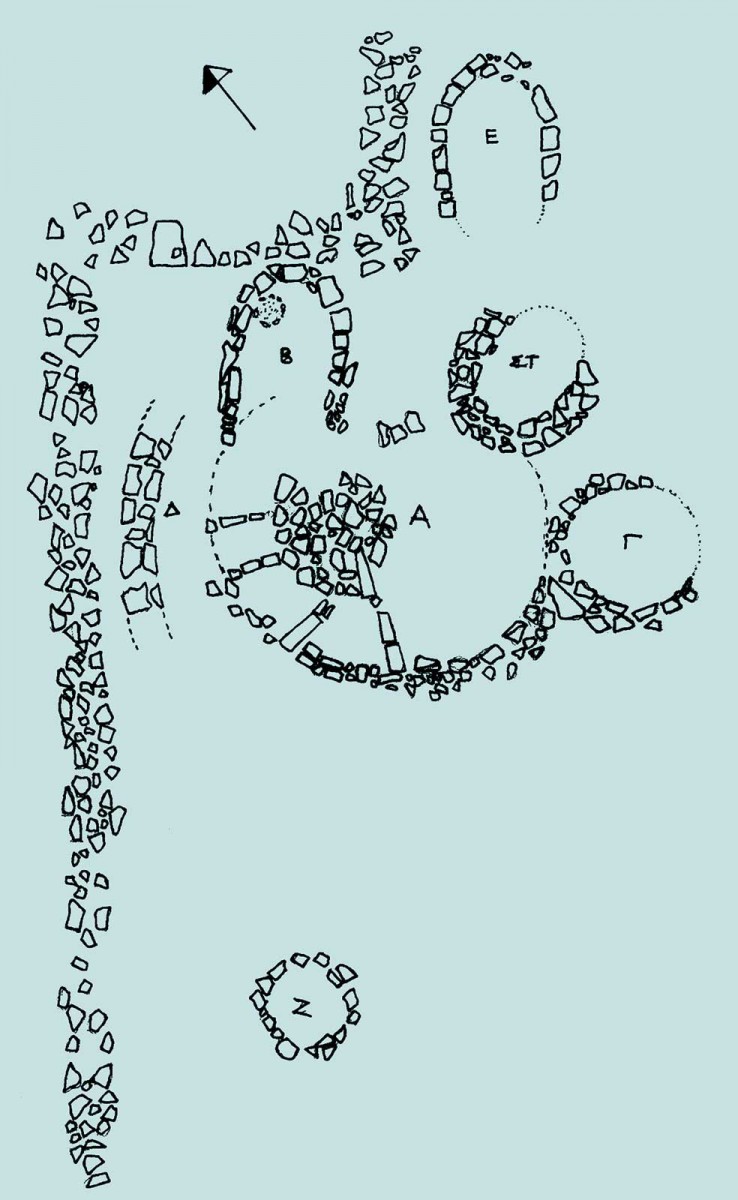 Fig. 3. Ground plan of settlement at Kato Meropi in Pogoni, dating to Late Bronze Age and Early Iron Age. There are seven circular buildings and a retaining or fortification wall. (Source: E. Andreou)