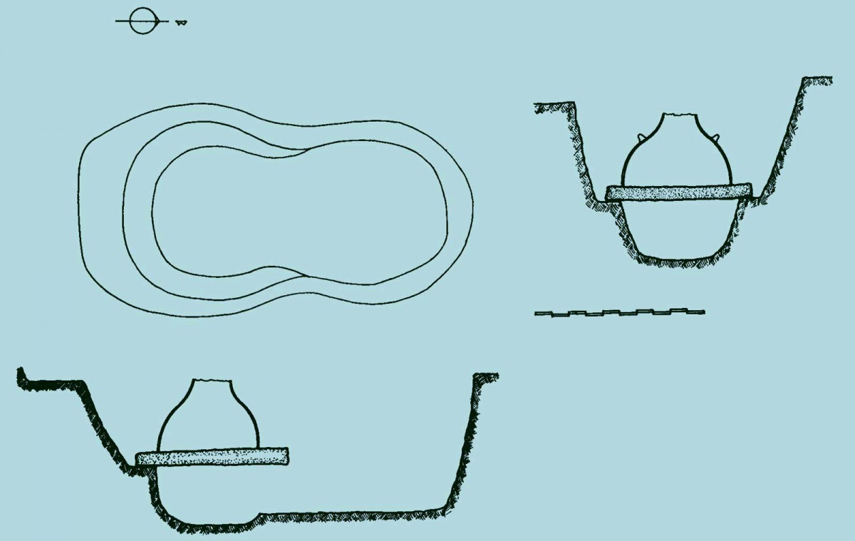 Fig. 6. Ground plan and sections of prehistoric or protohistoric kiln-oven found in ancient Dodona. This kiln was dug in the ground and the upper part of a storage jar served as its cover. (Source: Dakaris archive)