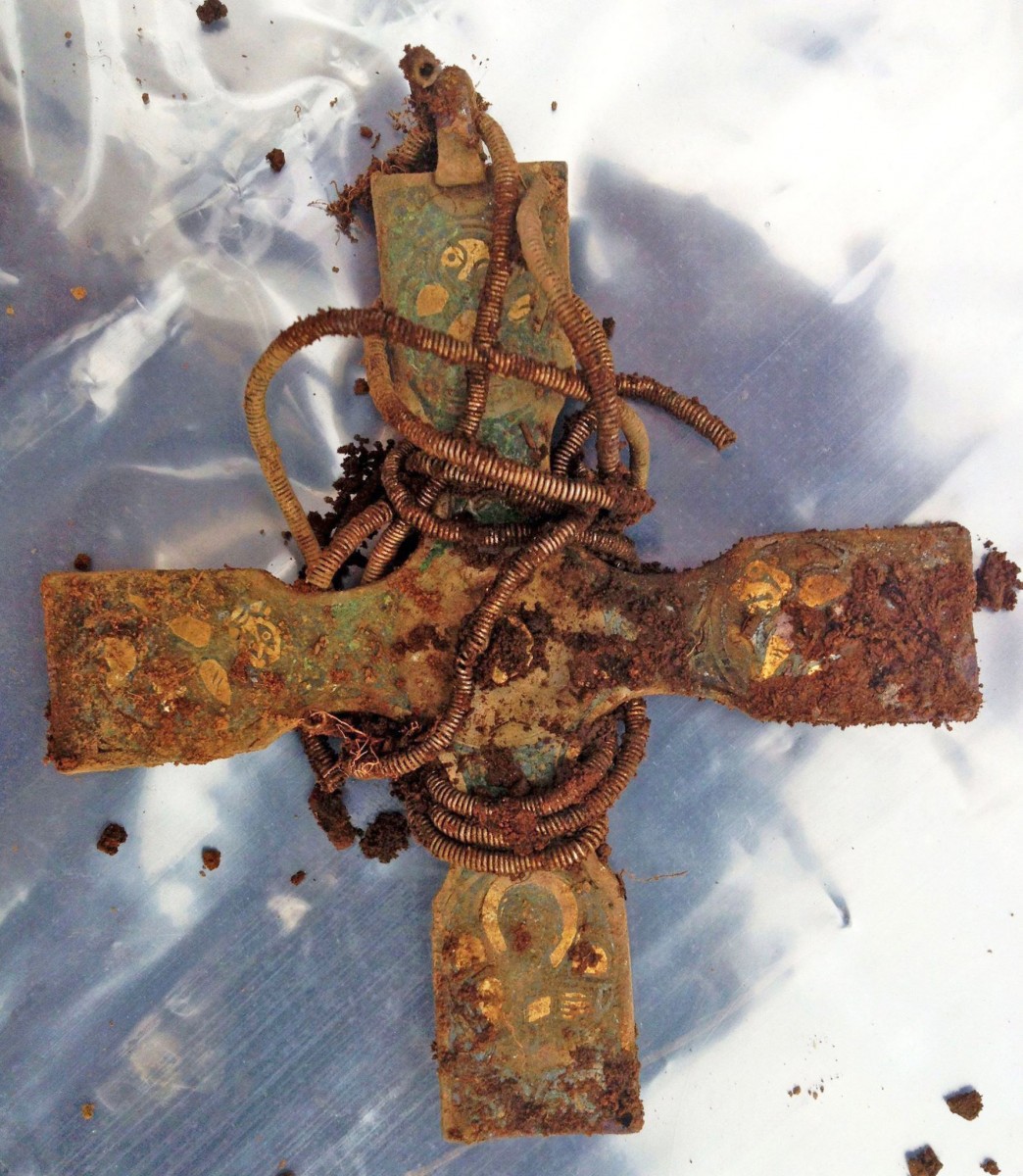Early medieval silver Christian cross, enhanced to show its intricate depictions. (Image:  Derek McLennan)