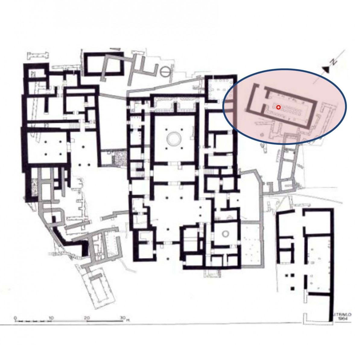 Fig. 1. Pylos, Plan of the Site. The Palace of Neleus (left),  Nestor’s Palace in the center. The olive storage area at the rear of the throne room and the wine magazine at the upper right; on it  is marked the location of the metal pole of the new protection shelter (Carl W. Blegen, The Palace of Nestor at Pylos I, 1966, Fig 417).