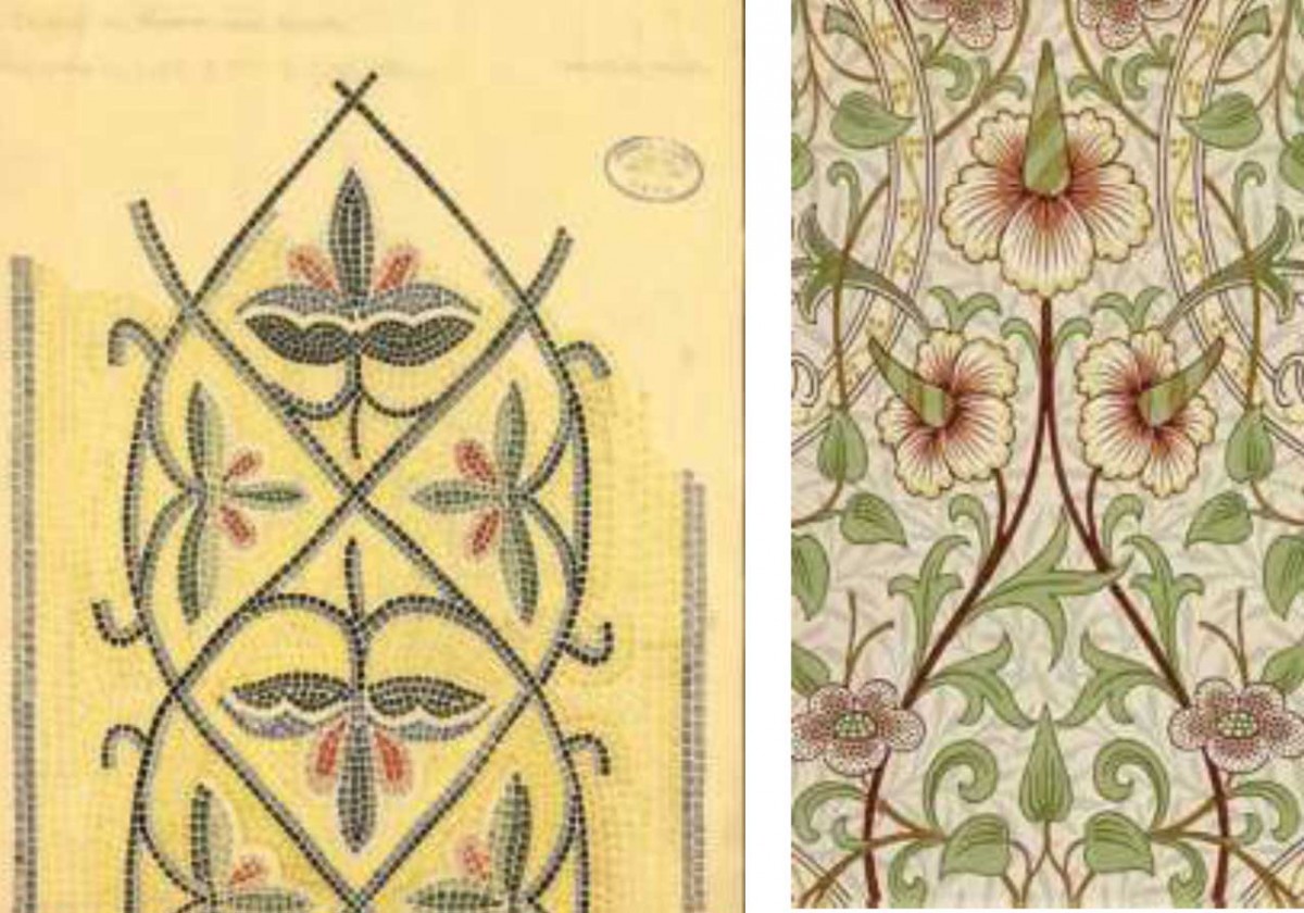 Robert Weir Schultz’ and Sidney Barnsley’s final inked drawing of the decorative mosaic bands in the main church, katholicon, of the Daphni Monastery, Attica, Greece BSA BRF Archive: 01.01.01.164, British School at Athens (left) Modern reproduction (tile) of the Daffodil Wallpaper created by William Morris and Co in the late 19th-century (right). 