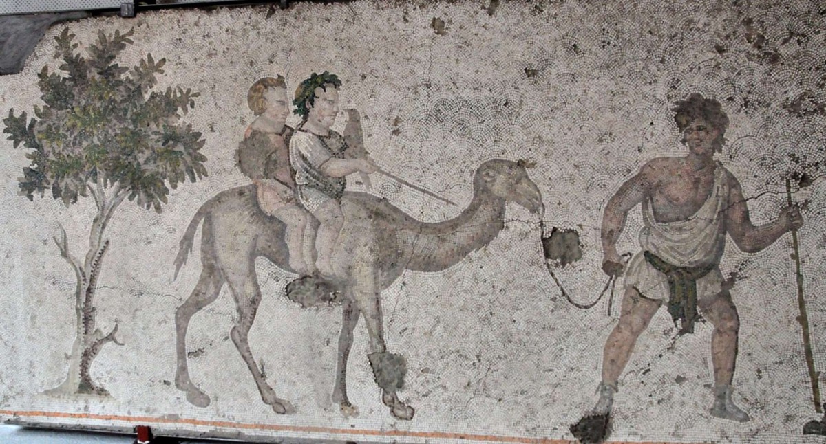 Boys on a camel. Mosaic from late antiquity, early 6th century CE. Great Palace Mosaic Museum, Istanbul. 