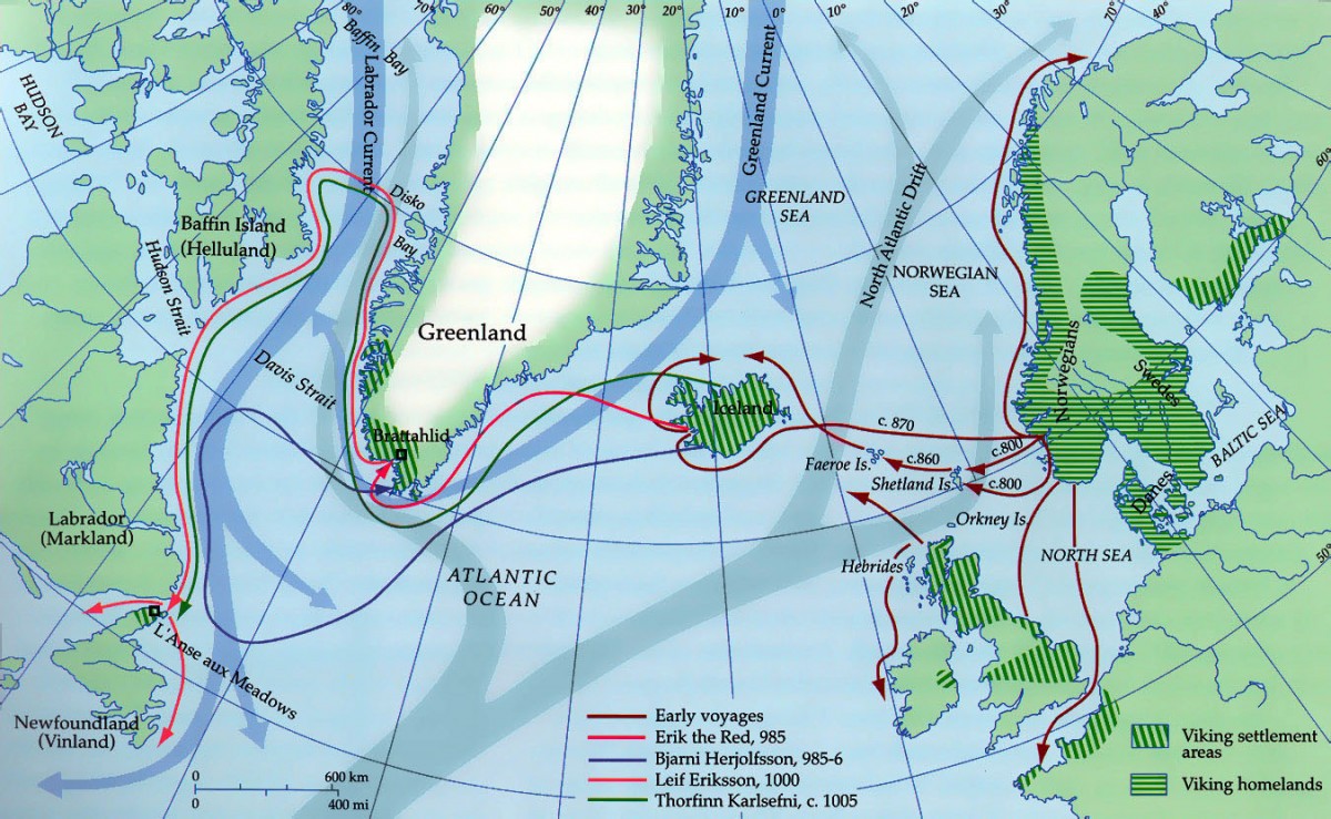 The routes the Vikings followed on their journey to north America. 