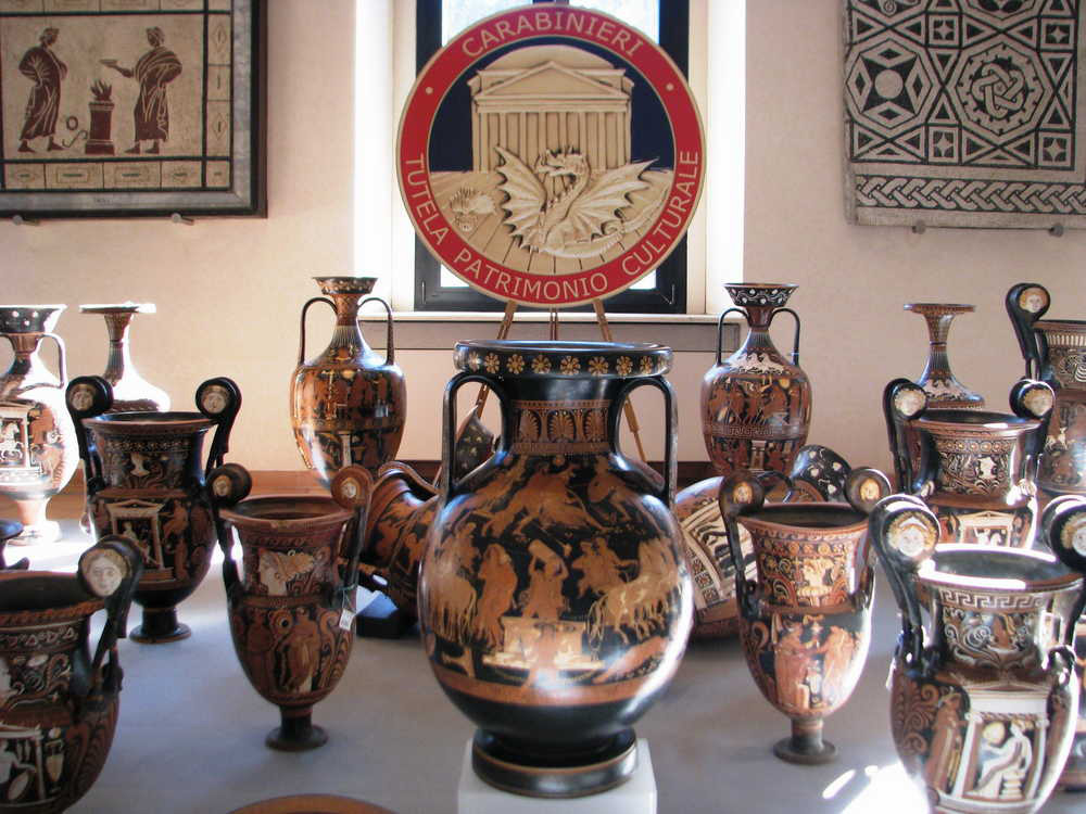 The looted antiquities were laid out at the Terme di Diocleziano museum during a press conference held on Wednesday, January 21, 2015, in Rome. Credit: Ministero dei beni e delle attività culturali e del turismo.