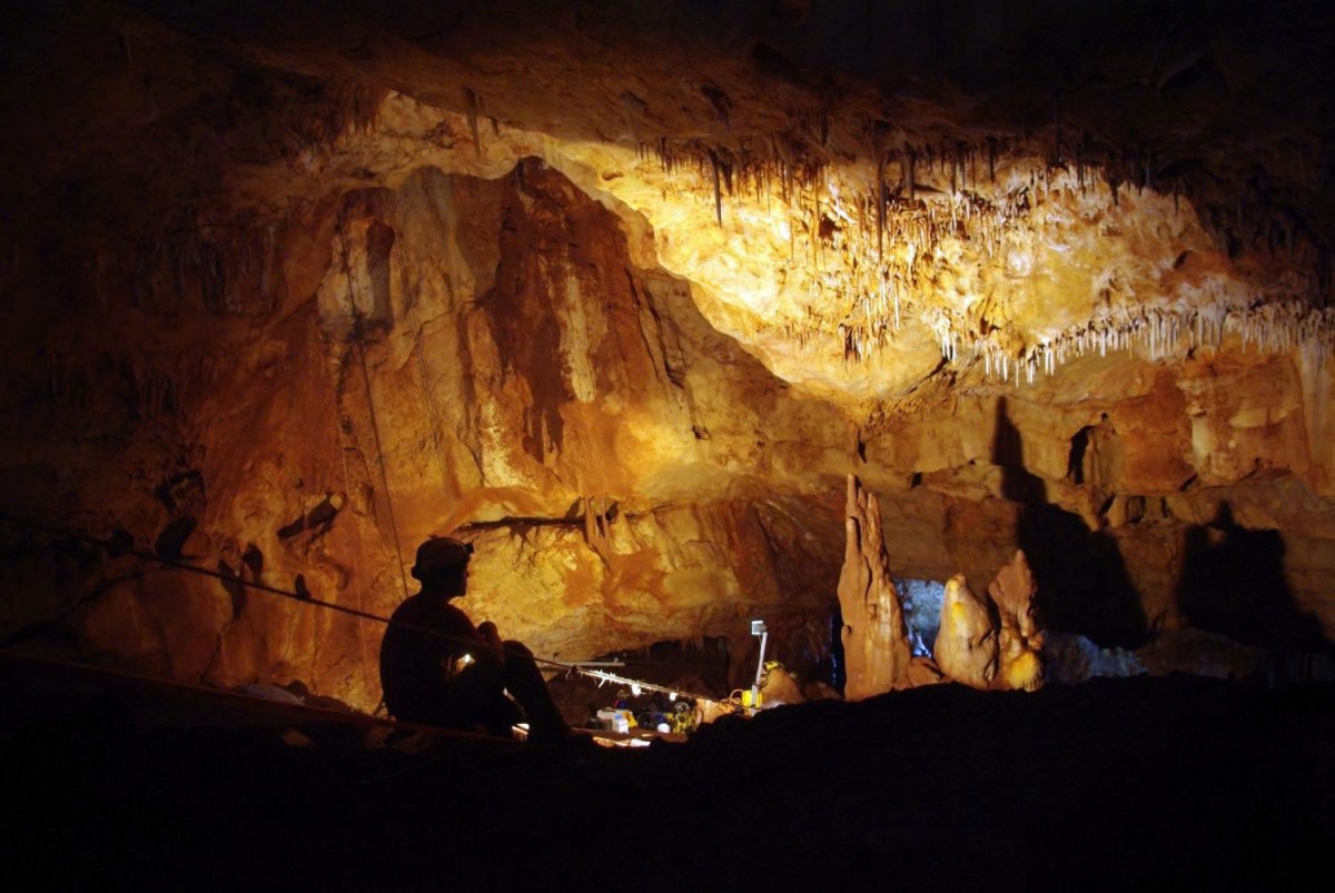 Inside the Manot Cave in Israel's Galilee, where a 55,000-year-old skull sheds new light on modern human migration patterns. Credit: Amos Frumkin / Hebrew University Cave Research Center.

