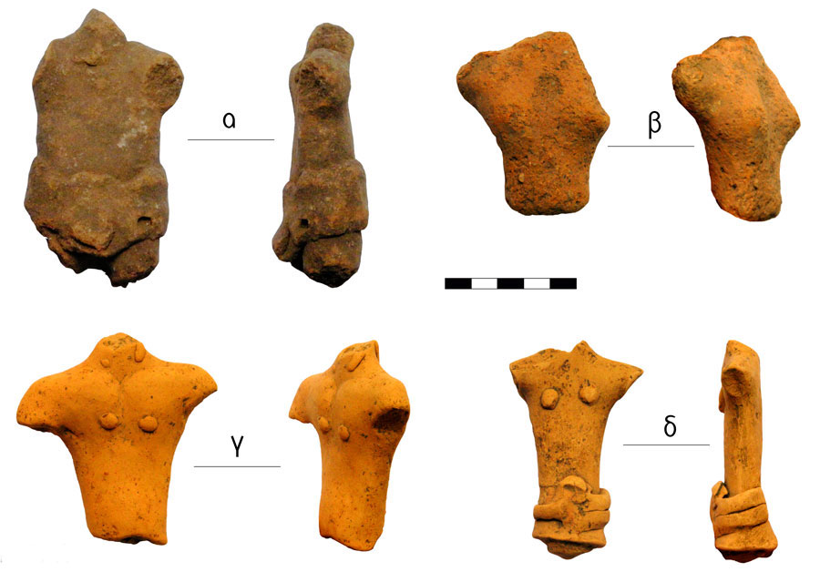 Fig. 2. Human upper torsos. Vrysinas’s Peak Sanctuary (C. Davaras, exc. 1972-73); α) R(ethymnon) M(useum) N(umber) 2044, β) SN 245, γ) RMN 2012, δ) RMN 22166.