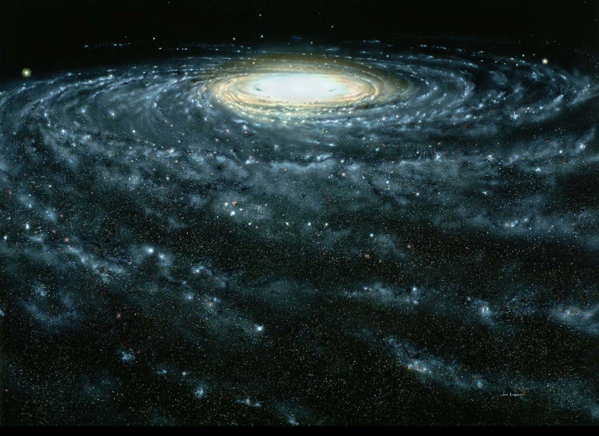An artist's conception of the Milky Way galaxy. New results have measured the Sun's motion around the galaxy, and the amount of unseen dark matter in the galaxy's halo. John Lomberg. Source: https://www.cfa.harvard.edu/news/su201245