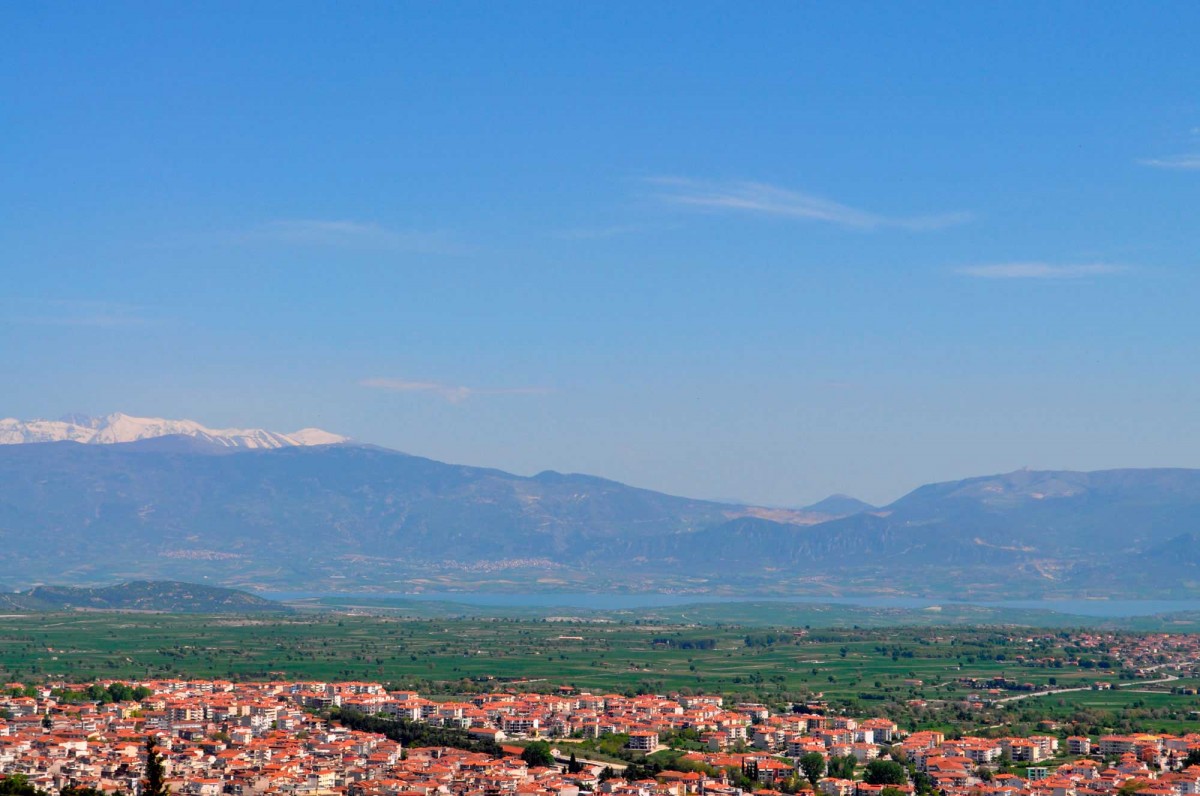 Fig. 1. Northwestern view of Kozani-Servia geological basin. The city of Kozani in the foreground; the Polyfytos artificial lake and mount Olympus in the background.