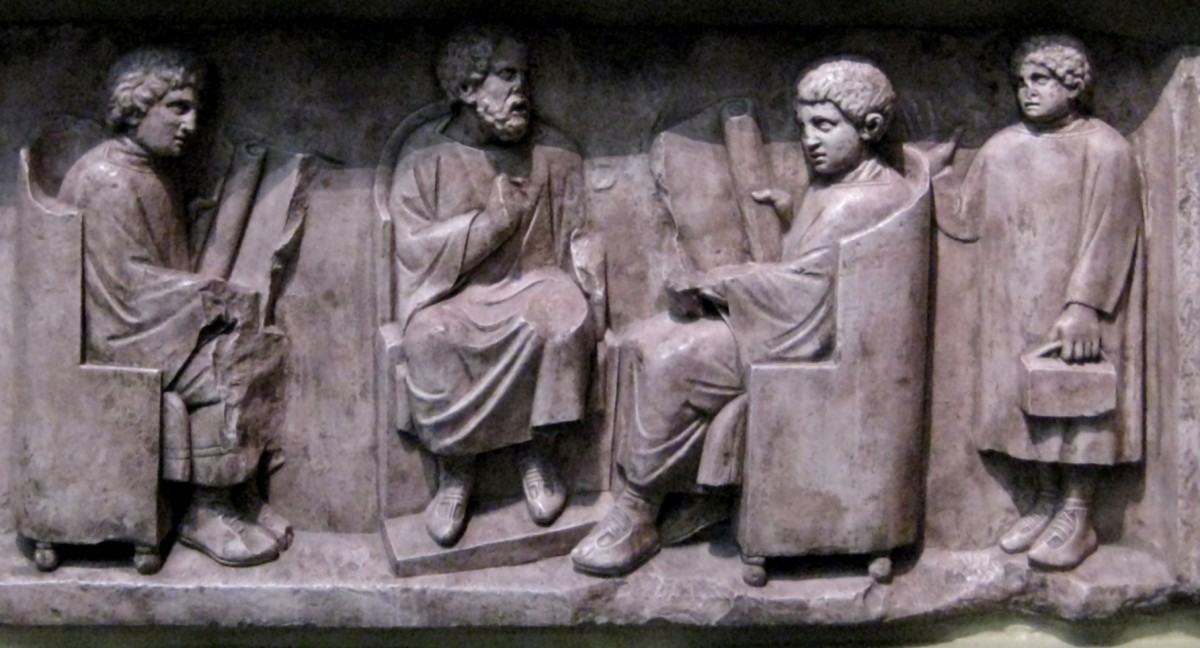 Relief found in Neumagen near Trier, a teacher with three discipuli (180-185 AD).
