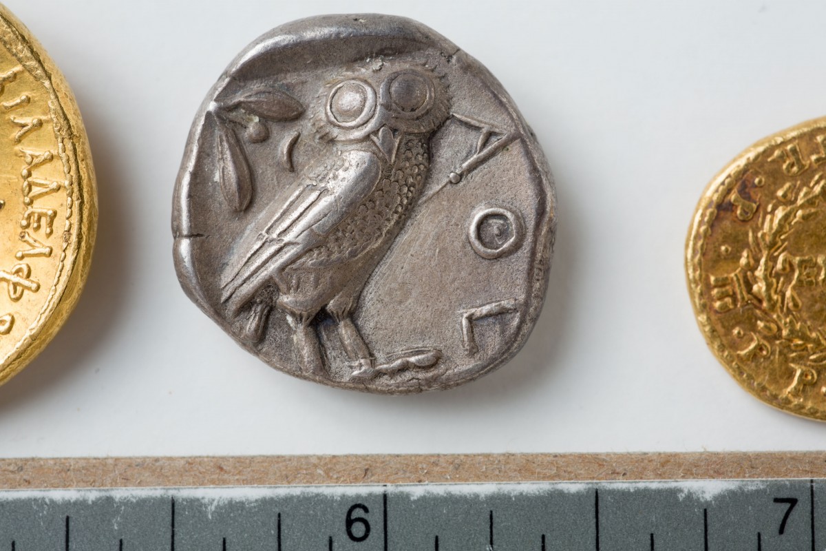 Reverse (tails) of a silver tetradrachm of Athens, ca. 450 to 400 B.C. Photo Credit: Douglas Levere.