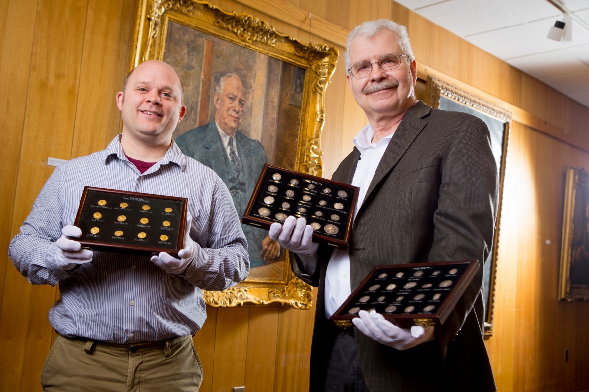 Philip Kiernan, UB assistant professor of classics, and Michael Basinski, curator of UB Libraries Special Collections. Photo Credit: Douglas Levere.