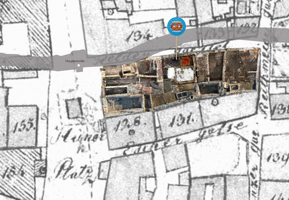 Picture of excavation site at 3 Hunnenplatz overlaid on map.