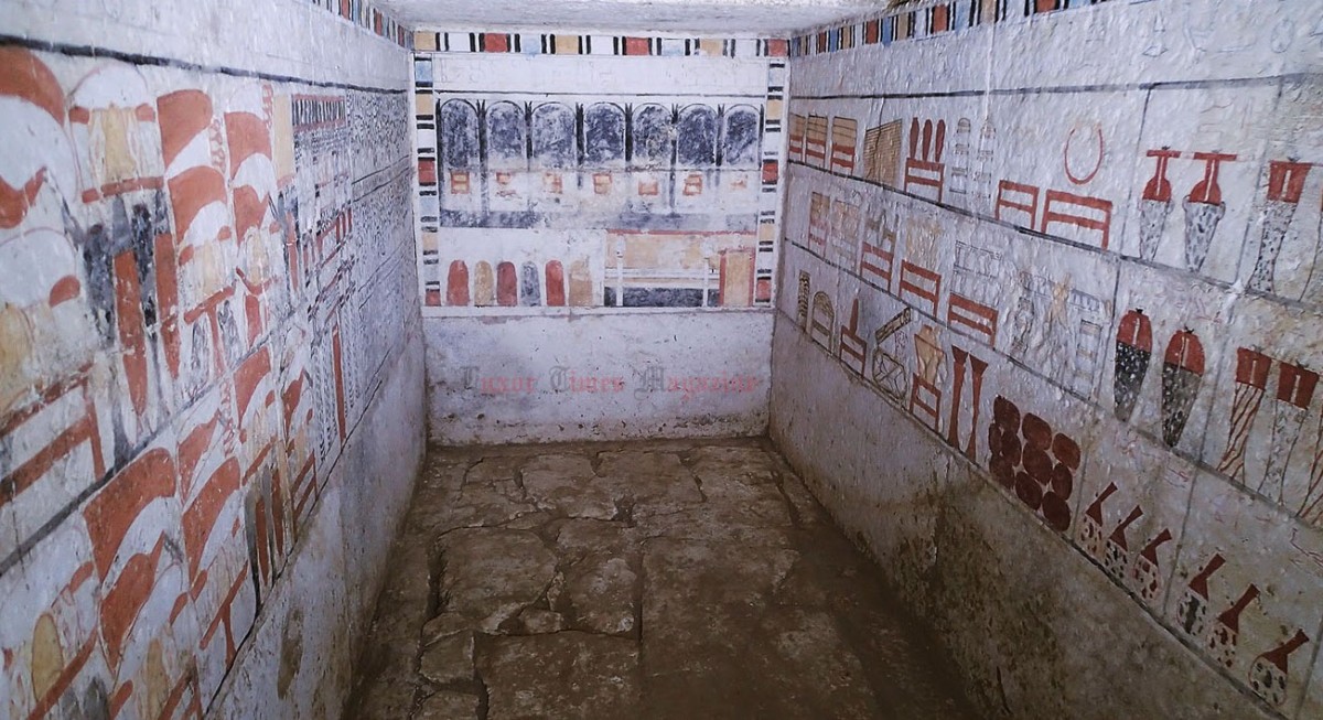 One of the burial chambers with the well preserved paintings on the walls. Photo Credit: Luxor Times Magazine.