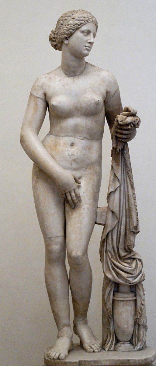 The Ludovisi Aphrodite of Knidus, Roman marble copy (torso and thighs) with restored head, arms, legs and drapery support.